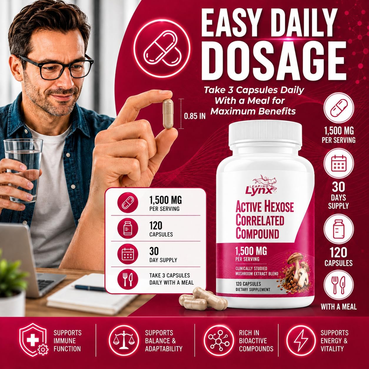 Active Hexose Correlated Compound 1500 mg, Clinically Studied Mushroom Extract for Immune System Support & Cellular Defense | 120 Capsules (40-Day Supply) | Non-GMO, Shiitake, Lion's Mane, Turkey Tail