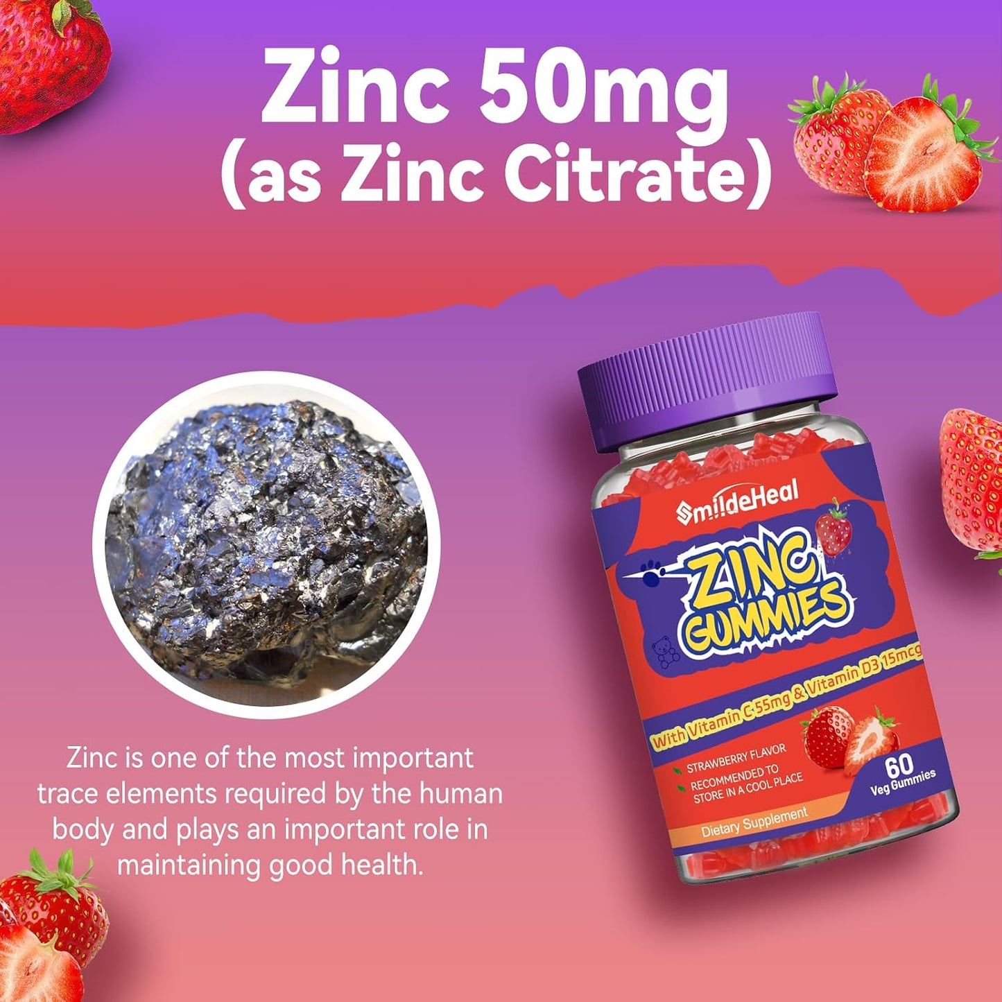 Zinc Gummies, Zinc 50mg, Zinc Citrate, with Vitamin C, Vitamin D3, 60 Count | Zinc Gummies, Zinc 50mg, Zinc Citrate, with Vitamin C, Vitamin D3, Strawberry Flavor Gummies, 60 Count