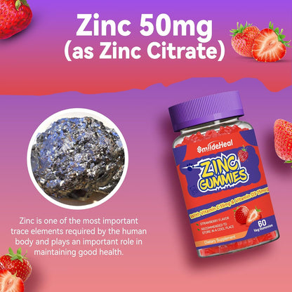 Zinc Gummies, Zinc 50mg, Zinc Citrate, with Vitamin C, Vitamin D3, 60 Count | Zinc Gummies, Zinc 50mg, Zinc Citrate, with Vitamin C, Vitamin D3, Strawberry Flavor Gummies, 60 Count