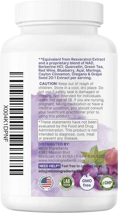 Micro Ingredients Resveratrol NAD Complex 3,000mg for Women & Men, 240 Veggie Capsules | NMN Supplement Alternative | 11-in-1 Blend with NAD+, Quercetin, Moringa, Berberine, Grape Seed, & Oregano