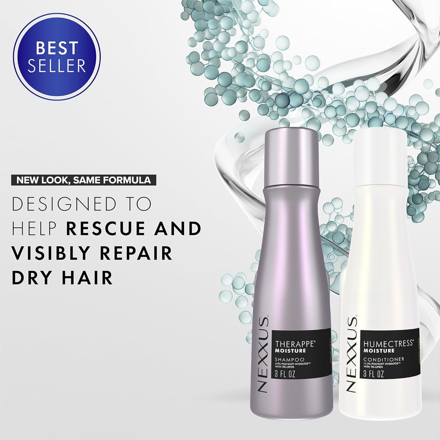 Nexxus Travel Shampoo and Conditioner, Therappe & Humectress, 3 Oz Ea | Ultimate Moisture Protein Treatment for Dry, Damaged Hair with Elastin Protein & Green Caviar | Hair Products for Women & Men
