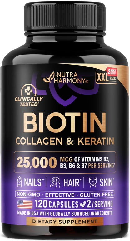 Biotin | Collagen | Hyaluronic Acid | Keratin - Hair Growth & Strength Support Vitamins - Skin & Nails Supplement - Clinically Tested for Men & Women - 25000mcg Vitamins B1, B2, B3, B6 & B7 - 60 Caps