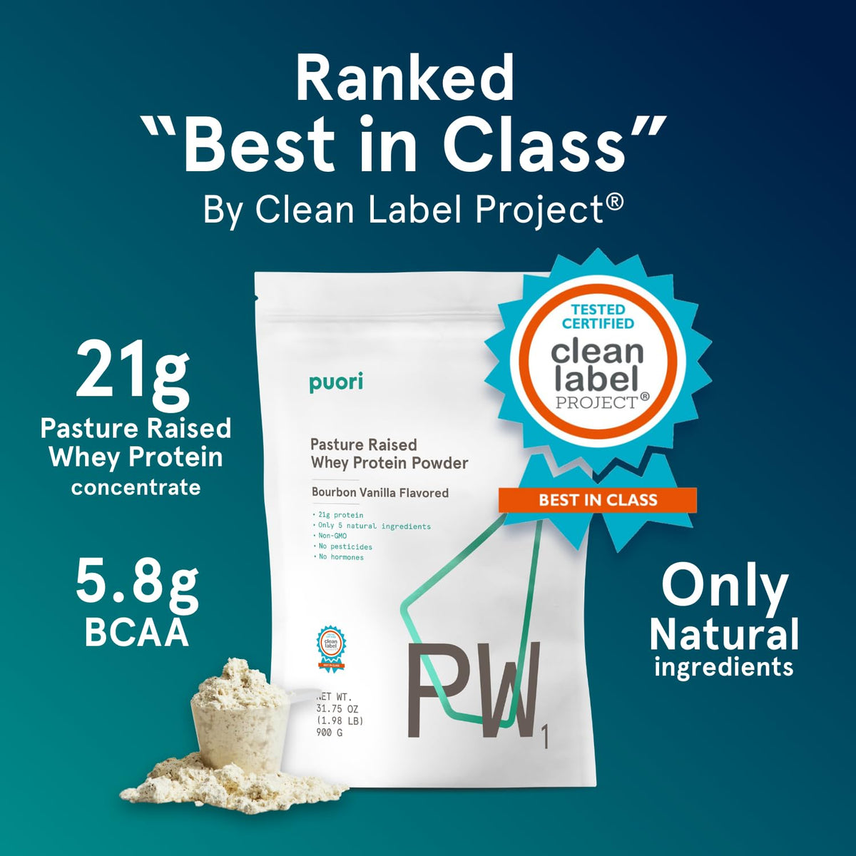 Puori Whey Protein Powder - Bourbon Vanilla - PW1 Pasture Raised, Grass-Fed & Non-GMO