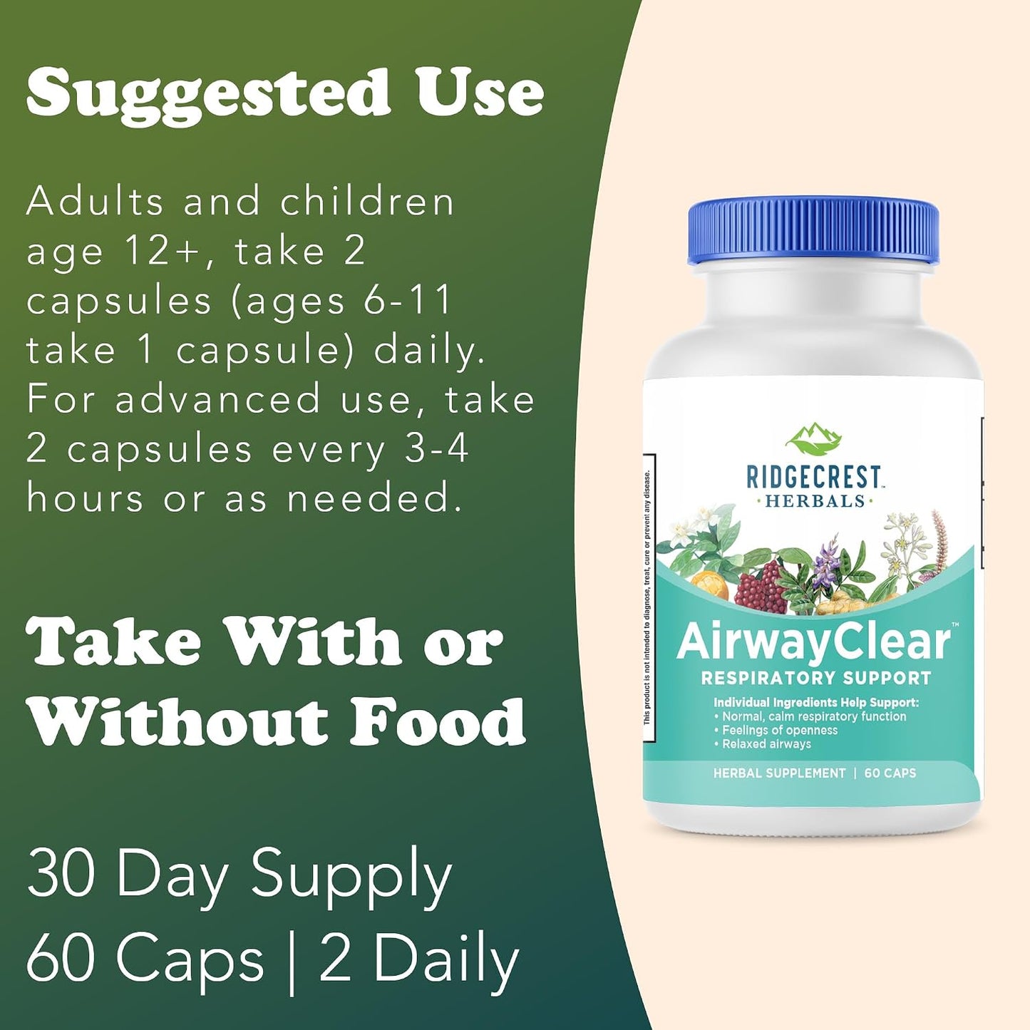 RidgeCrest Herbals AirwayClear Natural Lung and Breathing Support 60 Ct | 30 Servings, Gluten Free, Vegan Capsules, Schisandra Fruit, Cassia Bark, Ginger Root, Sinus, Mucus and Immune Wellness