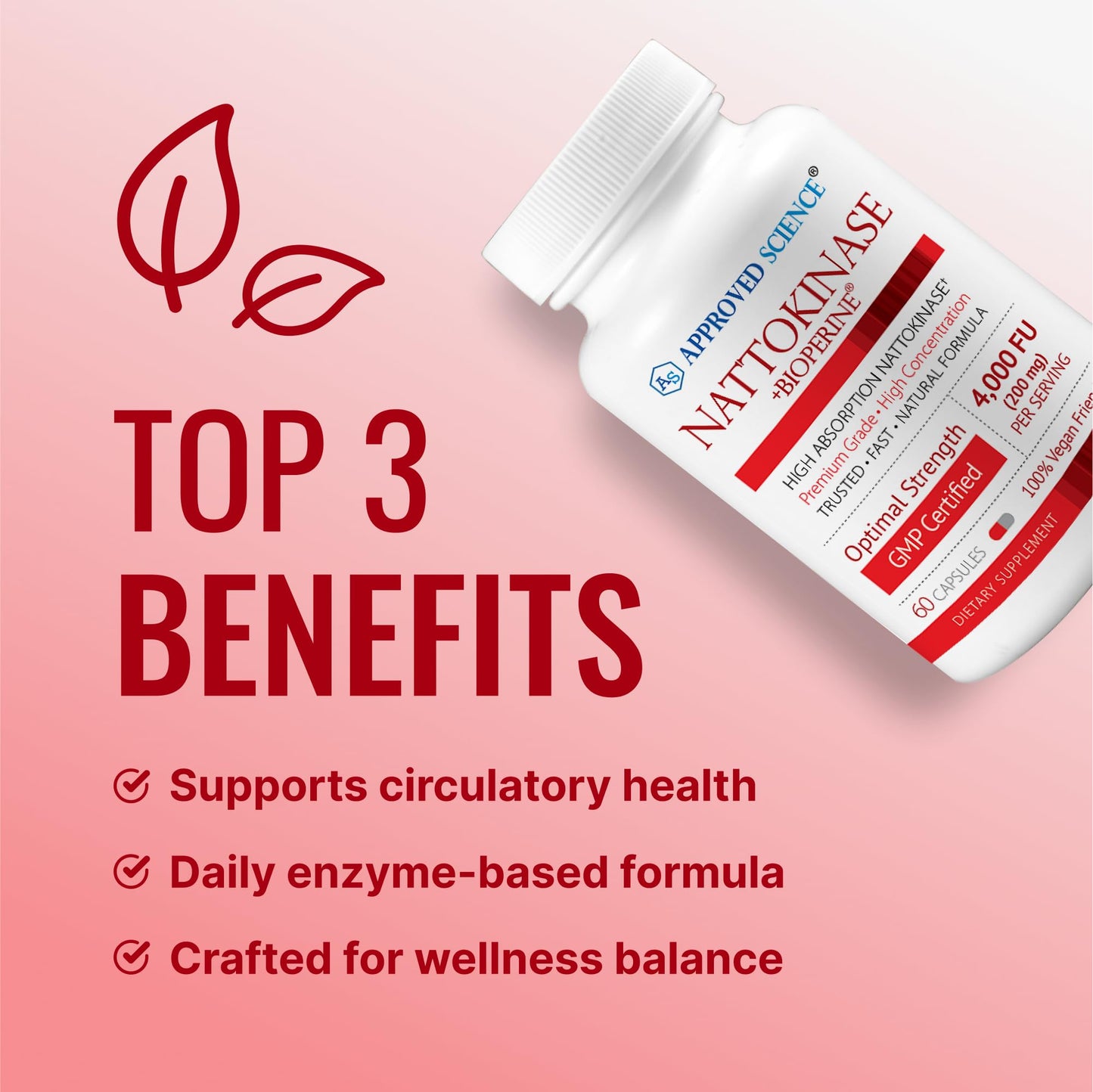 Approved Science Nattokinase - 4,000 FU - 200 mg - Free of Vitamin K2 - Contains BioPerine - One Month Supply - Vegan, Non-GMO - 180 Capsules
