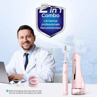 COSLUS C20C41 Water Flosser Electric Toothbrush Combo, Pink Oral Clean Kit