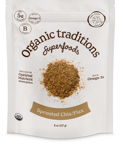 Organic Traditions Sprouted Chia and Flax Seed Powder, Organic Chia Seeds and Flax Blend for Smoothies Baking Oatmeal Egg Substitute, Plant Based Non GMO High Fiber Omega 3 Superfood, 454g / 16 oz Bag