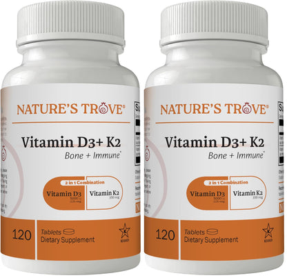 Nature's Trove Vitamin D3 5000 IU Plus K2 100mcg for Bone Health & Immune Support - 120 Tablets - 2-in-1 Formula