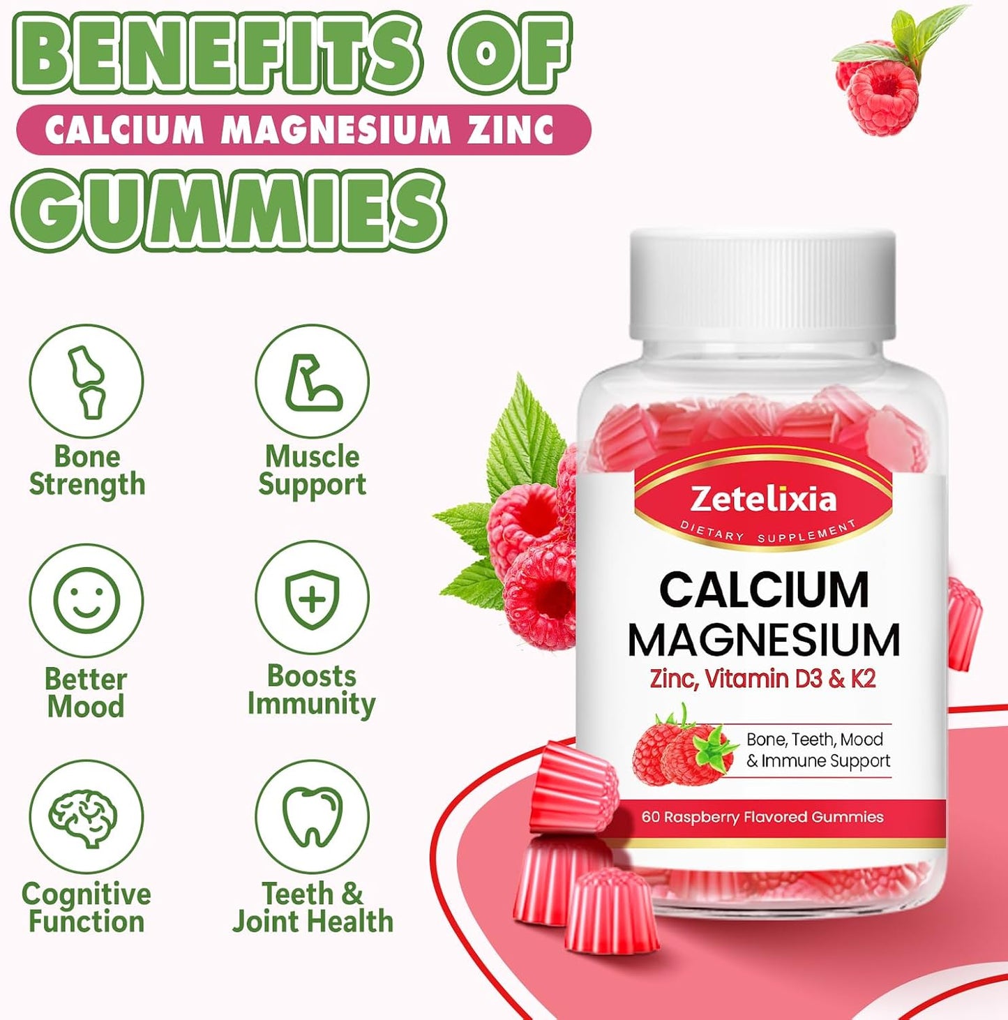 Calcium Magnesium Zinc Gummies with Vitamin D3 & K2, Calcium Gummies for Muscles, Women & Men, Raspberry Flavor - 60 Count