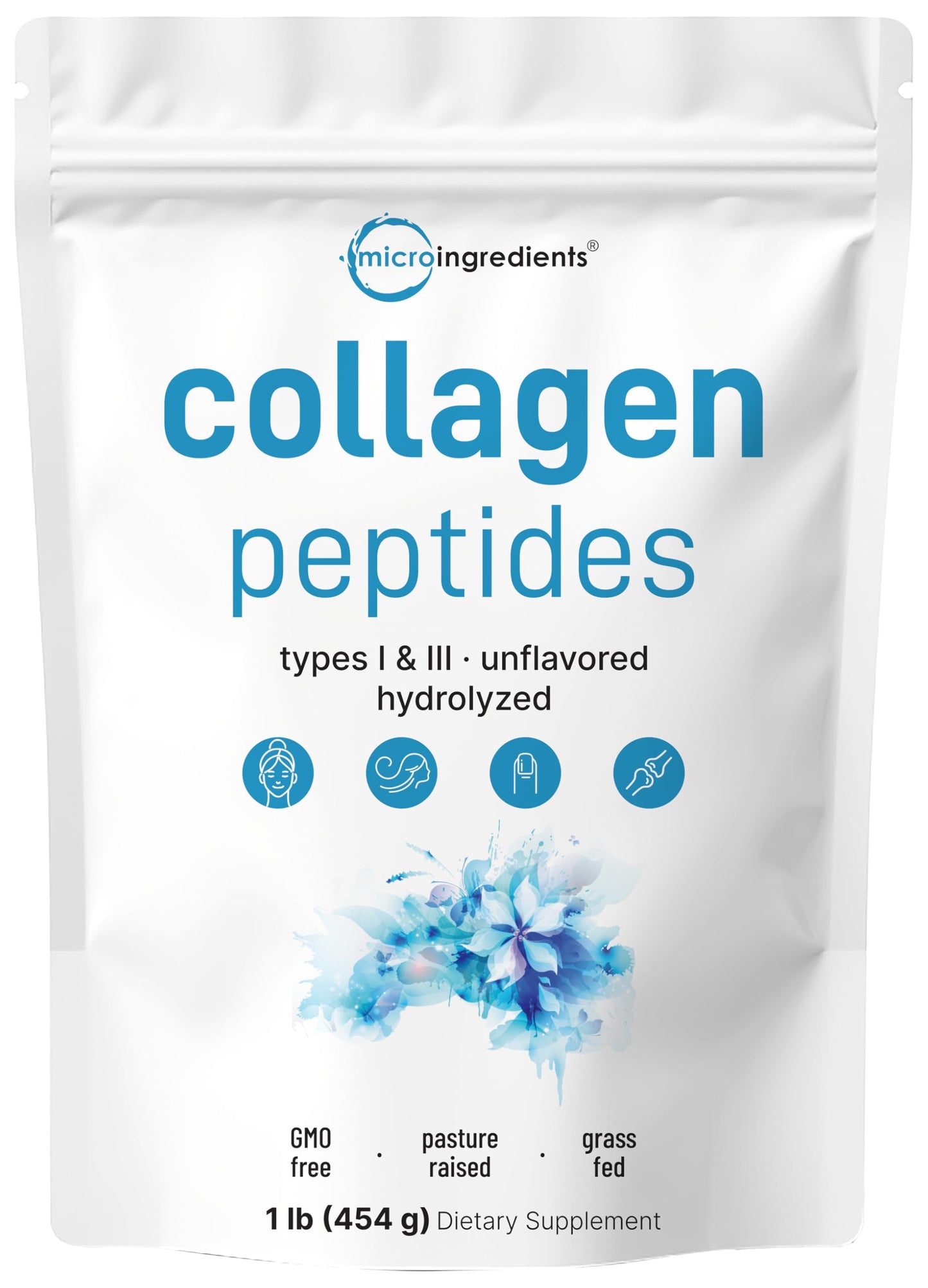 Micro Ingredients Hydrolyzed Collagen Peptides Powder, 1 lb | Type I & III Collagen for Women & Men | Unflavored Bovine Collagen Protein | Easy Dissolve, Paleo, Non-GMO