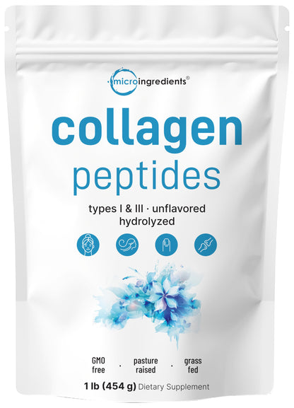 Micro Ingredients Hydrolyzed Collagen Peptides Powder, 1 lb | Type I & III Collagen for Women & Men | Unflavored Bovine Collagen Protein | Easy Dissolve, Paleo, Non-GMO