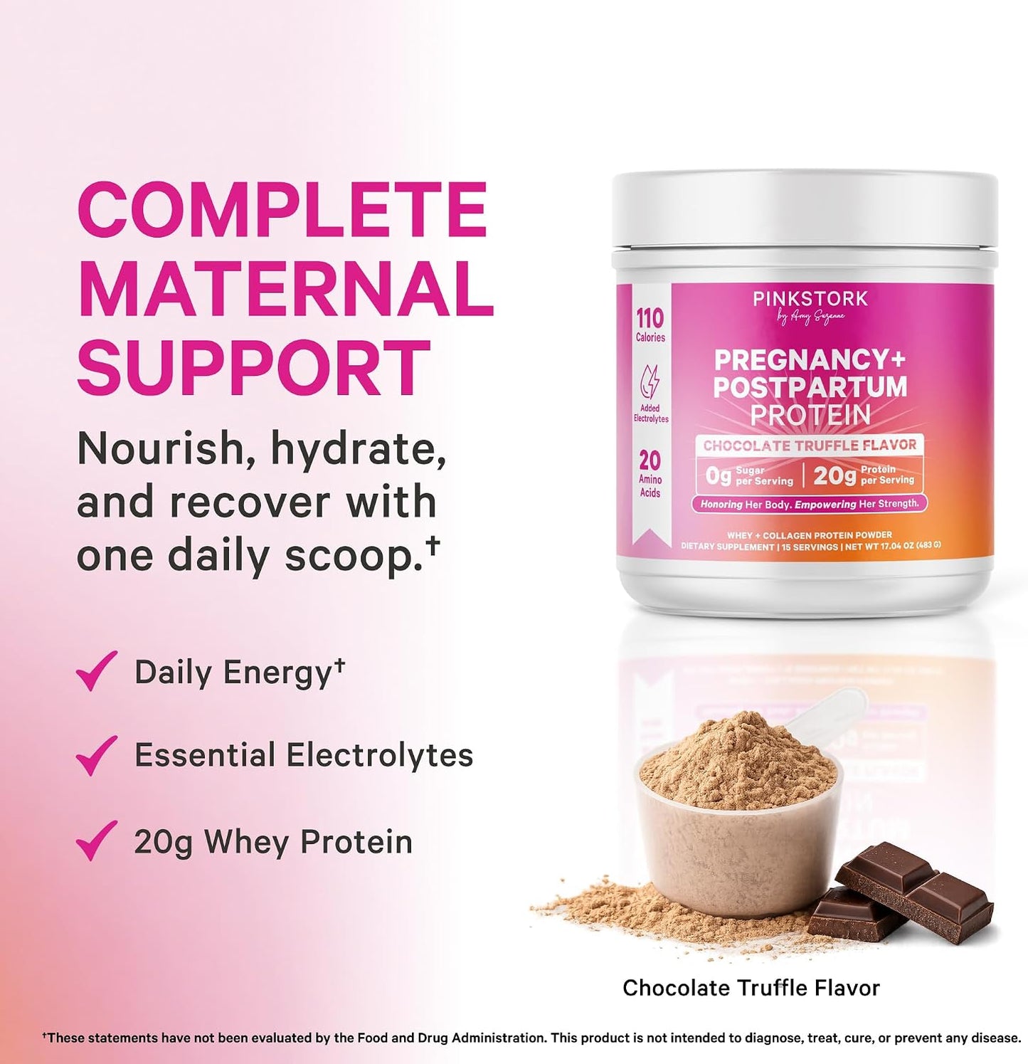 Pink Stork Pregnancy & Postpartum Protein Powder for Women, 20g Whey & Collagen, Prenatal & Breastfeeding Protein Shake Mix for Energy, Recovery & Hydration, Chocolate, 15 Servings