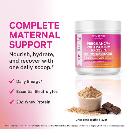 Pink Stork Pregnancy & Postpartum Protein Powder for Women, 20g Whey & Collagen, Prenatal & Breastfeeding Protein Shake Mix for Energy, Recovery & Hydration, Chocolate, 15 Servings