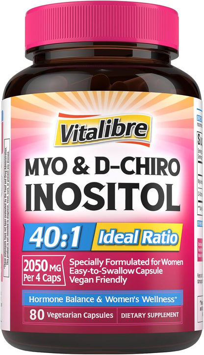 Vitalibre Inositol Supplement, Myo-Inositol & D-Chiro Inositol Supplements for Women, 40:1 Ideal Ratio, Hormone Balance and Women’s Wellness, 80 Vegan Capsules