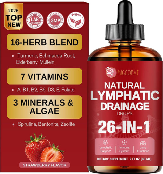 Migcopat 26-in-1 Liposomal Lymphatic Drainage Drops with Turmeric, Echinacea, Vitamins, Dandelion, Zeolite for Swelling, Bloating, Immune, Lung Support, Vegan, Alcohol-Free, Strawberry Flavor, 2 fl oz