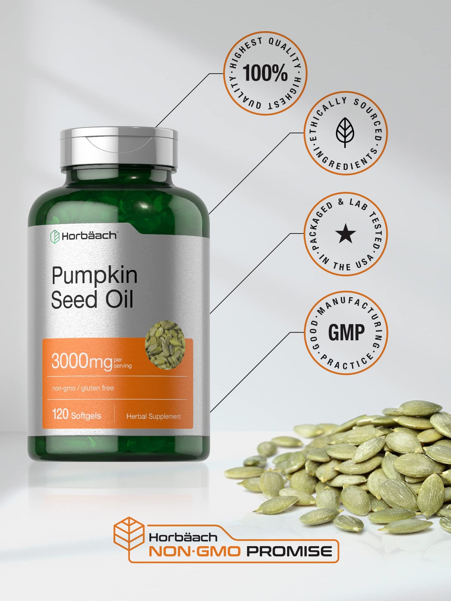 Horbäach Pumpkin Seed Oil 3000mg | 120 Softgel Capsules | Essential Fatty Acids with Omega 6 and 9 | Cold Pressed Dietary Supplement | Non-GMO and Gluten Free Formula