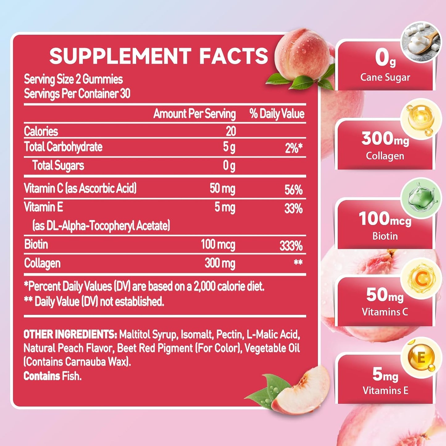 Collagen Gummies for Women - 300mg Collagen with Biotin, Vitamins C & E - Hair, Skin & Nails Supplement - Gluten Free, Vegetarian, Peach Flavor, 60 Gummies