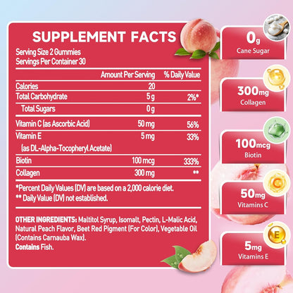 Collagen Gummies for Women - 300mg Collagen with Biotin, Vitamins C & E - Hair, Skin & Nails Supplement - Gluten Free, Vegetarian, Peach Flavor, 60 Gummies