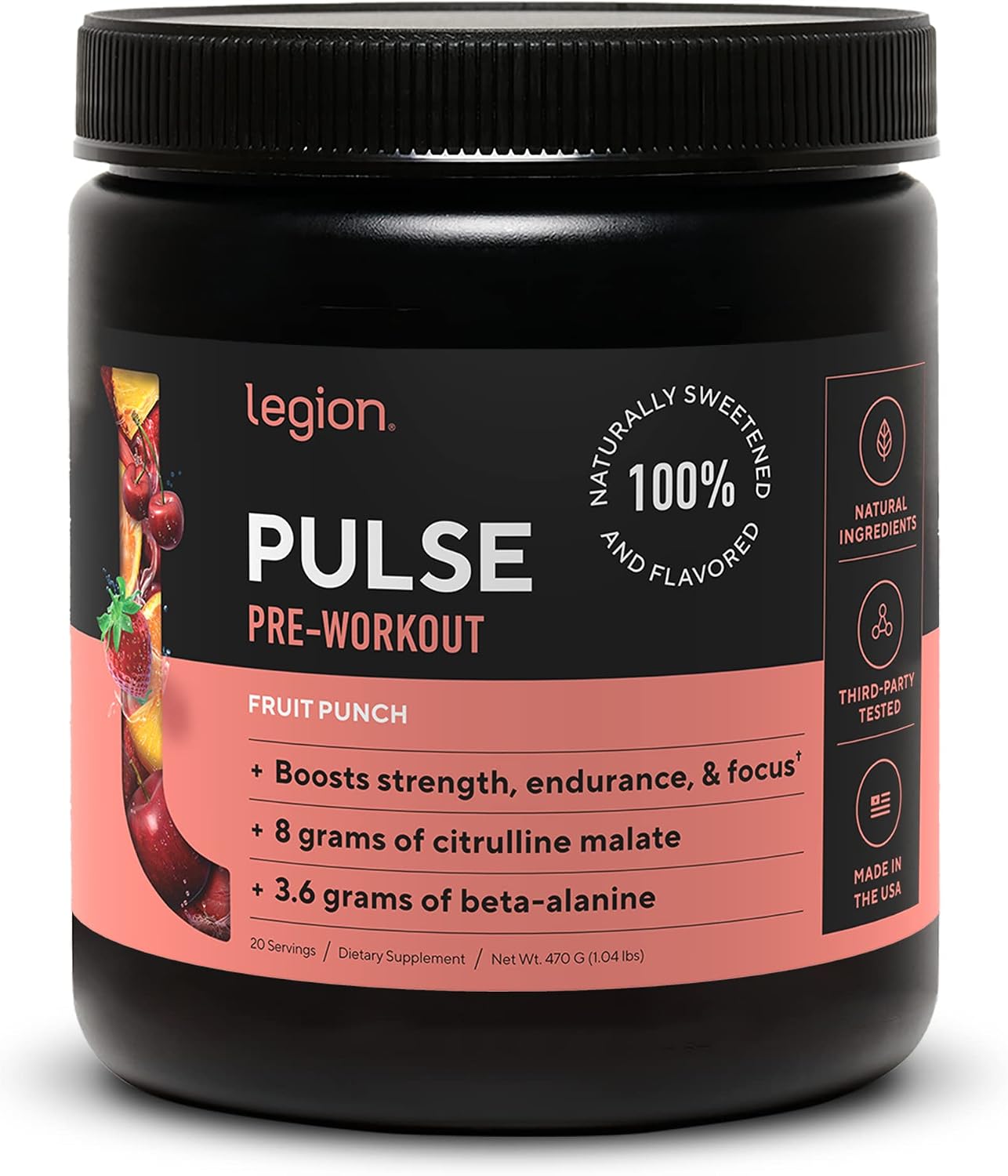 LEGION Pulse Pre Workout Supplement - All Natural Nitric Oxide Preworkout Drink to Boost Energy, Creatine Free, Naturally Sweetened, Beta Alanine, Citrulline, Alpha GPC (Fruit Punch & Blue Raspberry)