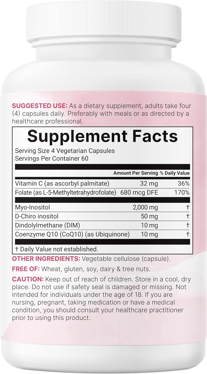 Myo-Inositol & D-Chiro Inositol 2,050mg | 240 Veggie Capsules + Vitamin C, Folate, DIM, & CoQ10 | Inositol Supplement for Women | 40:1 Ratio | Hormonal Balance & Ovarian Support | Filler Free