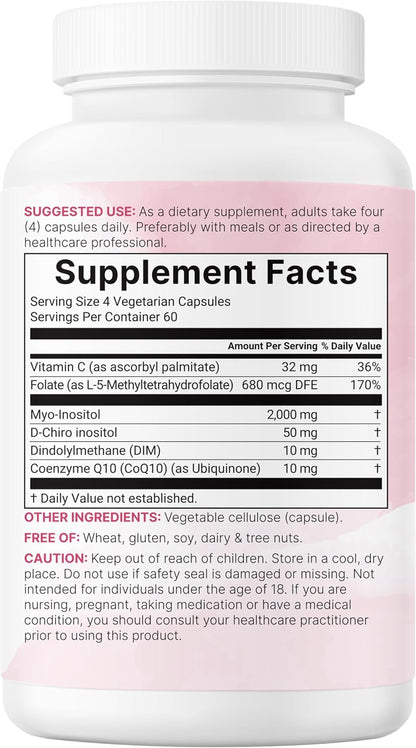 Myo-Inositol & D-Chiro Inositol 2,050mg | 240 Veggie Capsules + Vitamin C, Folate, DIM, & CoQ10 | Inositol Supplement for Women | 40:1 Ratio | Hormonal Balance & Ovarian Support | Filler Free