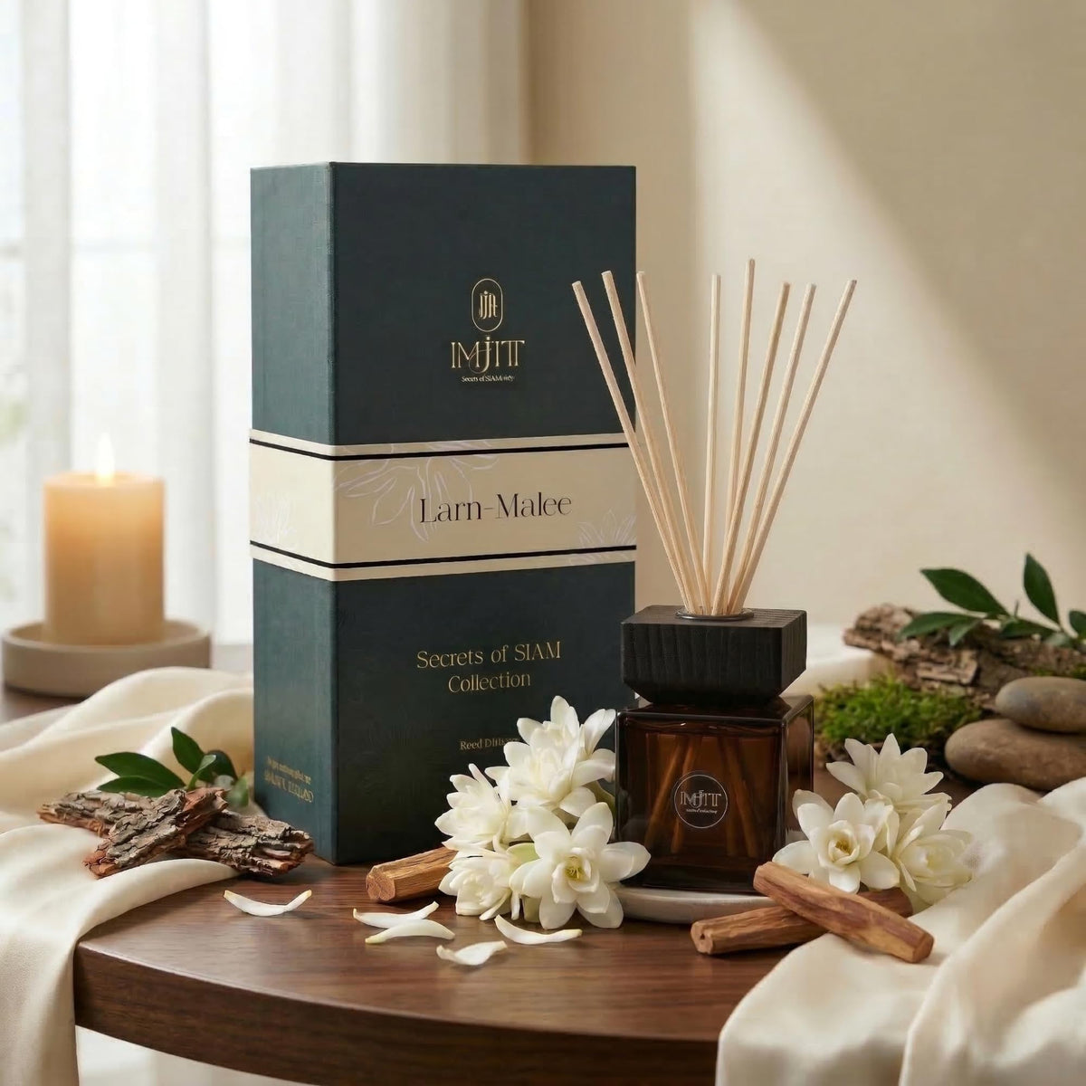 Gulab Jamun by Imjitt - Authentic Thai Botanical Aroma Diffuser with Turkish Rose and White Tea Notes, Featuring Luxury Reed diffusers for Home to Create a Welcoming, Long-Lasting Ambient Scent