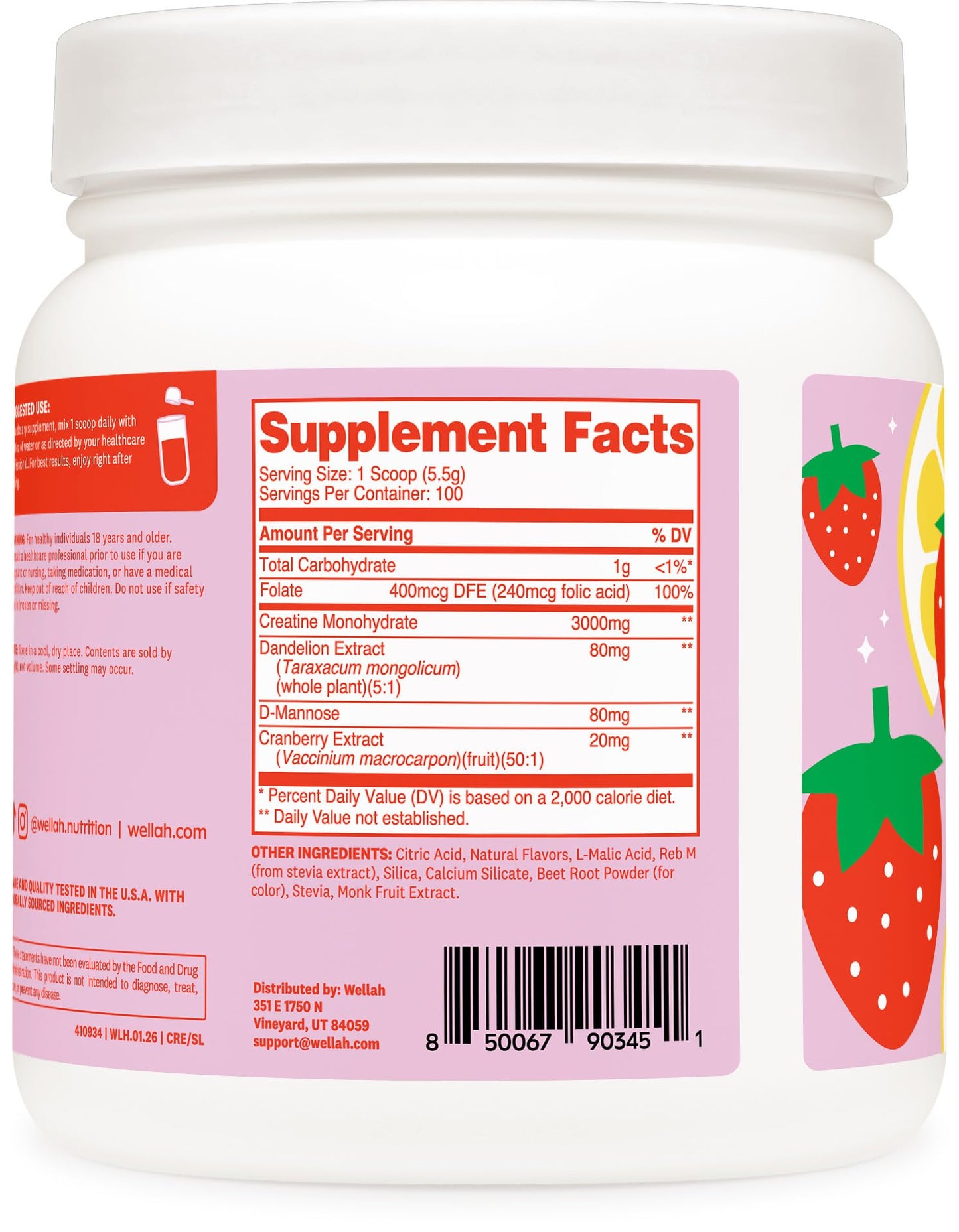 Wellah Creatine for Women - Creatine Monohydrate with Dandelion & Cranberry Extract (50 Servings, Strawberry Lemonade) | Creatine Monohydrate with Dandelion & Cranberry Extract