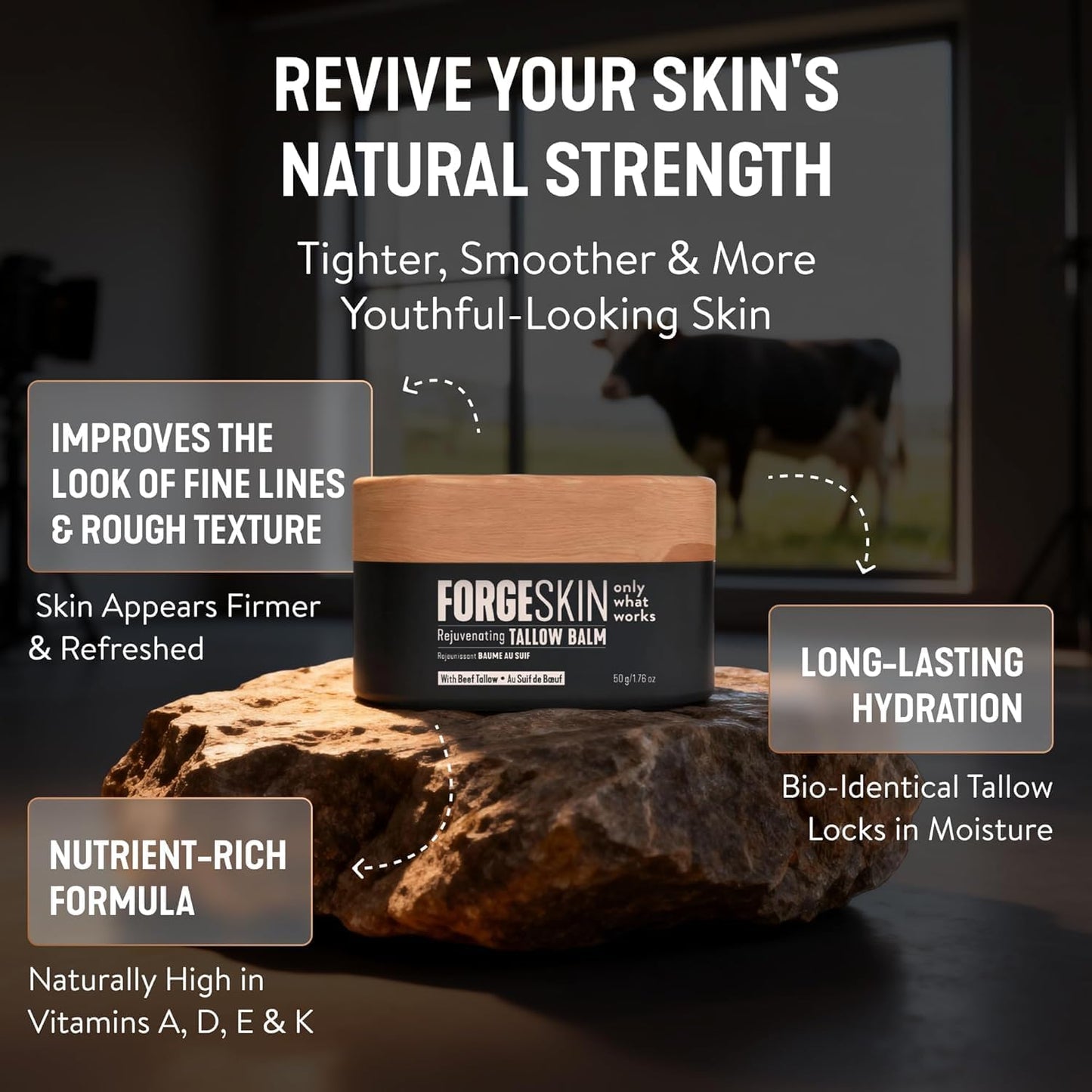 Forge Skin Face Moisturizer for Men Wrinkle Defense Beef Tallow Balm, 1.7oz | 100% grass-fed beef tallow, essential oils, paraben-free, no synthetic fragrance, minimizes look of fine lines, men 35+