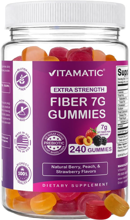 Vitamatic Prebiotic Fiber Gummies for Adults, 7G Extra Strength, Zero Sugar Added, 240 Pectin Based Gummies, Digestive Health & Regularity Support