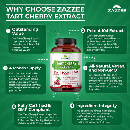 Zazzee Tart Cherry 10:1 Extract, 200 Vegan Capsules, 6+ Month Supply, Montmorency Cherry, Certified Kosher, Joint & Uric Acid Support, Antioxidant Support Formula, Non-GMO, Made in the USA