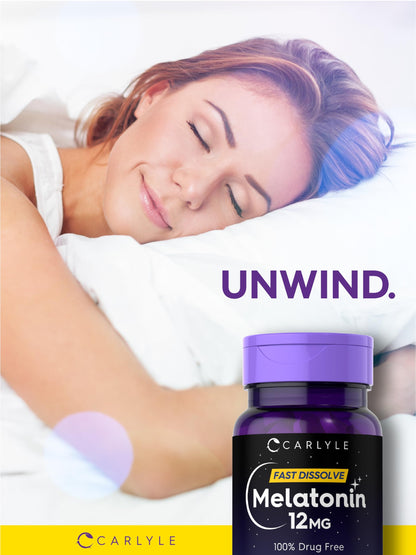 Carlyle Melatonin 12 mg Fast Dissolve 300 Tablets | Drug Free | Natural Berry Flavor | Vegetarian, Non-GMO, Gluten Free