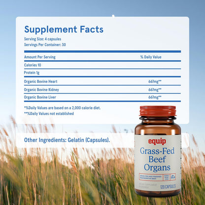 Equip Grass-Fed Beef Organs - Regenerative Freeze Dried Beef Liver Capsules - Includes Kidney & Heart - Natural Multivitamin Organ Supplements to Support Energy, Immunity & Heart Health (30 Servings)