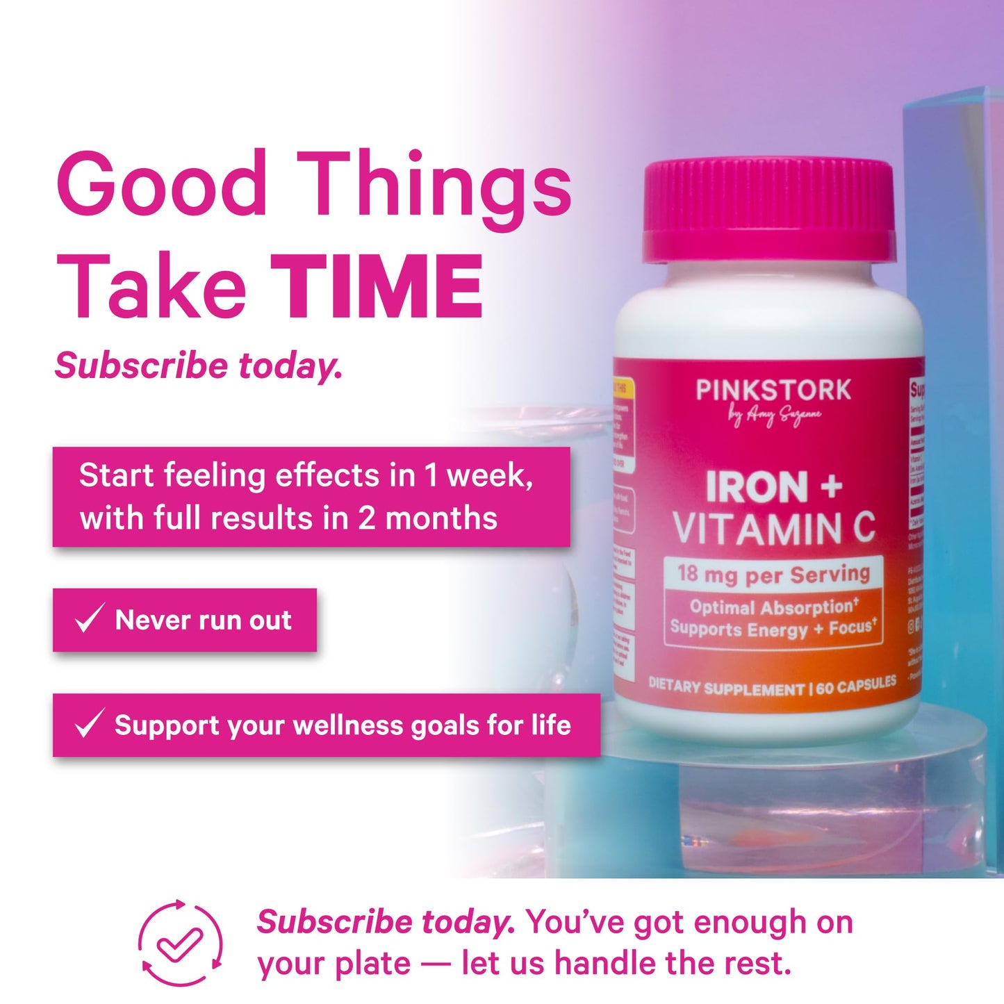 Pink Stork Iron for Women with Vitamin C, 60 Capsules, 2-Month Supply | 18 mg Chelated Iron Bisglycinate + Vitamin C, Supports Energy, Focus + Oxygen, Pregnancy, Postpartum, PMS + Perimenopause