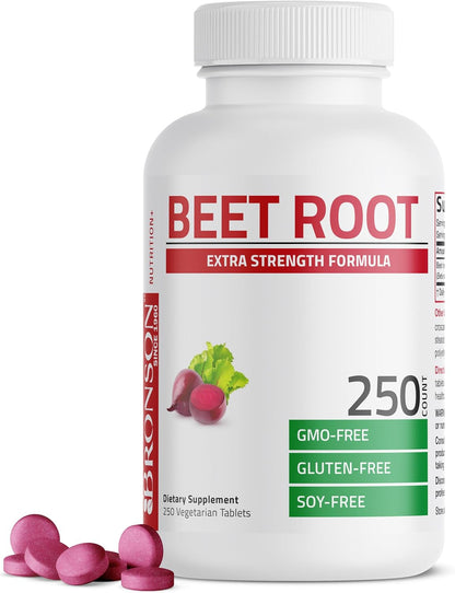 Bronson Beet Root Extra Strength, Non-GMO, 250 Vegetarian Tablets | Gluten-Free, Soy-Free, GMO-Free, Easy To Swallow