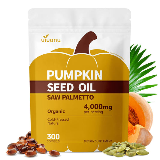 VivoNu Pumpkin Seed Oil with Saw Palmetto Capsules, 4000mg 300 Softgels | Organic, Cold Pressed | DHT Blocker | Supports Hair, Urinary, Bladder & Prostate Health | Non-GMO | Organic, Cold Pressed | DHT Blocker | Supports Hair, Urinary, Bladder & Prostate