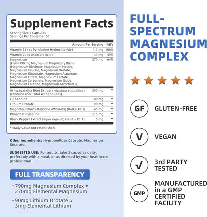 Magnesium Complex Supplement -12 Forms of Glycinate, Citrate, B6 & More | Chelated Formula Plus Ashwagandha,Lithium Orotate - Support for Sleep, Muscle & Nerves*- Men & Women Capsules- Non-GMO-120 Ct