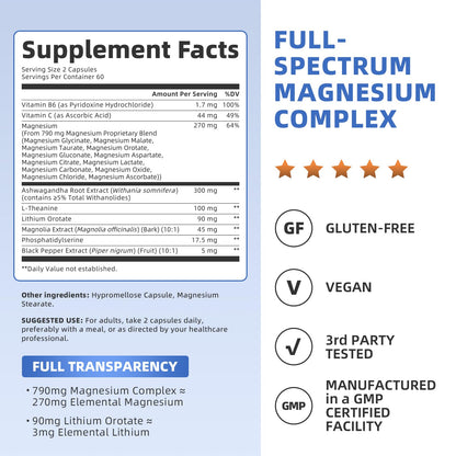 Magnesium Complex Supplement -12 Forms of Glycinate, Citrate, B6 & More | Chelated Formula Plus Ashwagandha,Lithium Orotate - Support for Sleep, Muscle & Nerves*- Men & Women Capsules- Non-GMO-120 Ct