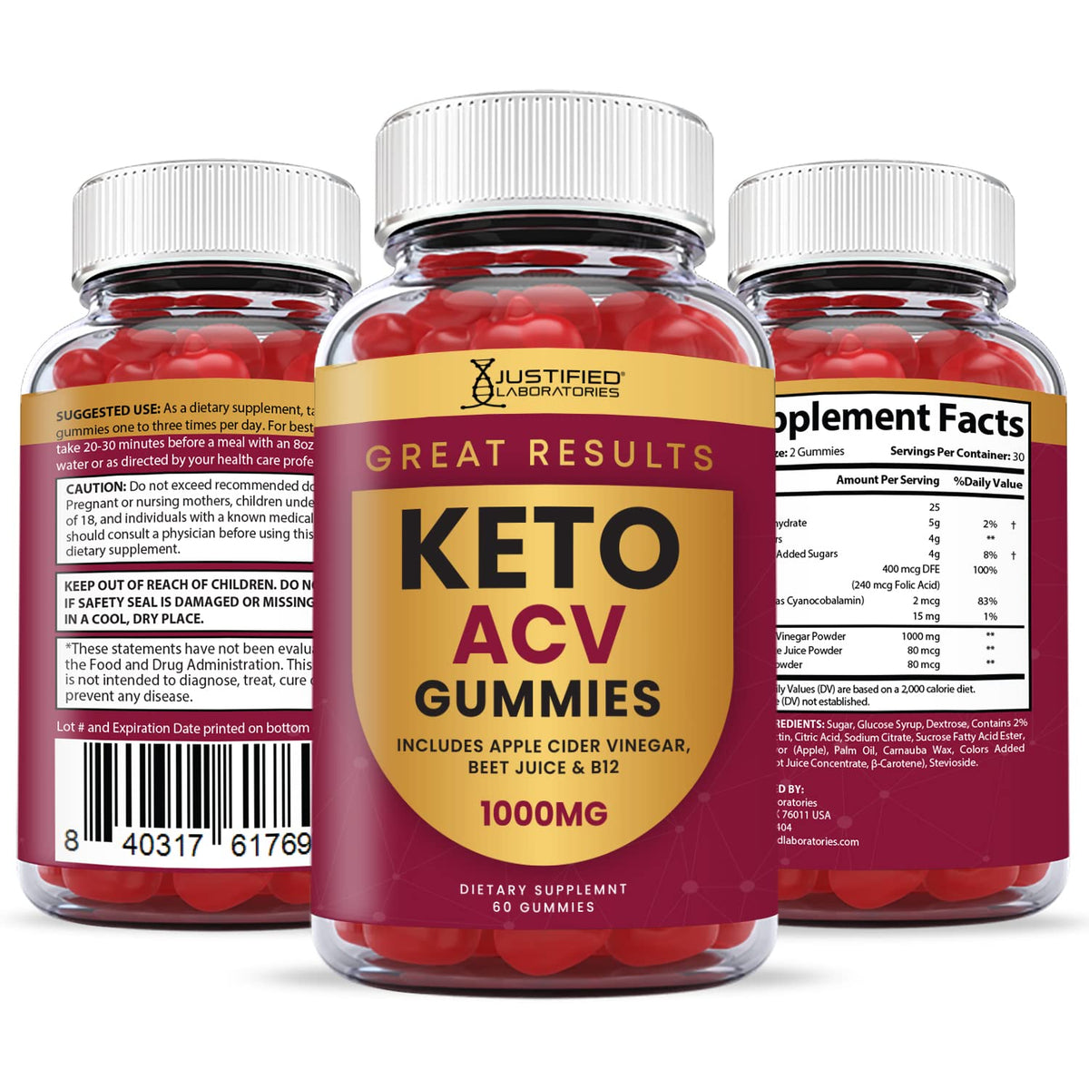 Justified Laboratories Great Results Keto ACV Gummies 1000MG with Pomegranate Juice