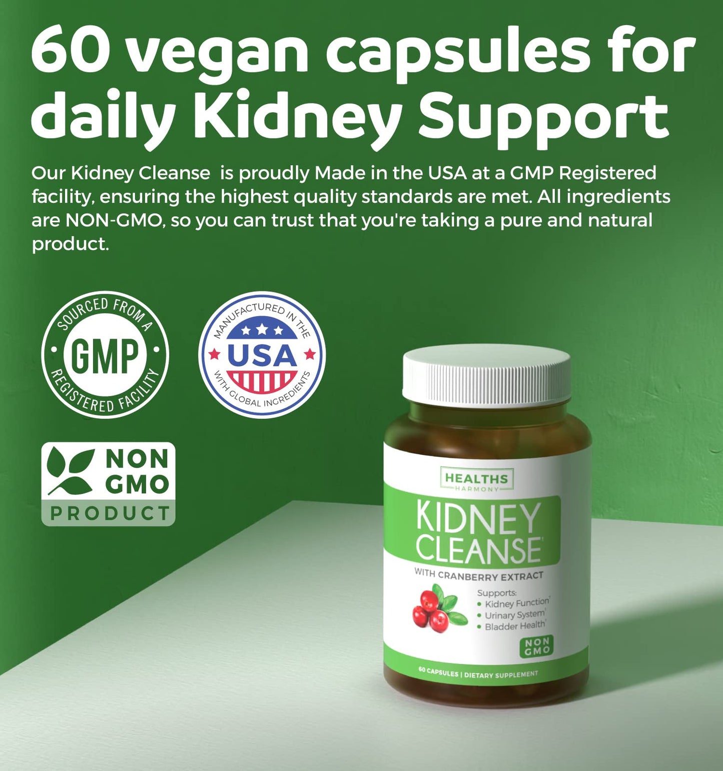 Kidney Cleanse Detox (Non-GMO) Support Healthy Urinary Tract- Powerful VitaCran Cranberry Extract & Herbs – Healthy Kidney Support Supplement - 60 Vegetarian Capsules (No Pills)