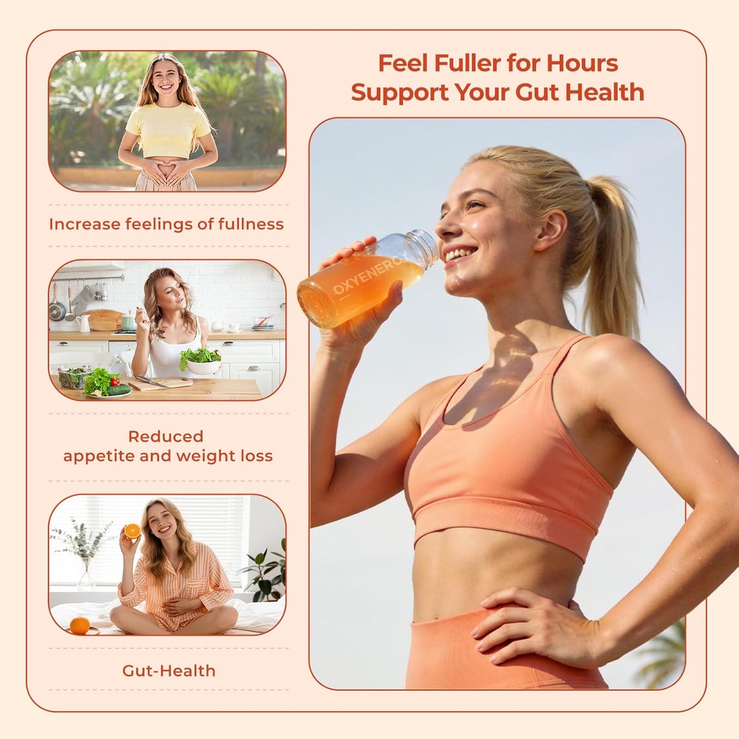 OxyEnergy Fiber Supplement Powder for Women & Men - Fruit and Vegetable Complex Daily Fiber, Weight Loss & Gut Health, Prebiotics & Digestive & Relieve Bloating, Orange Flavored Drink Mix, 30 Packets