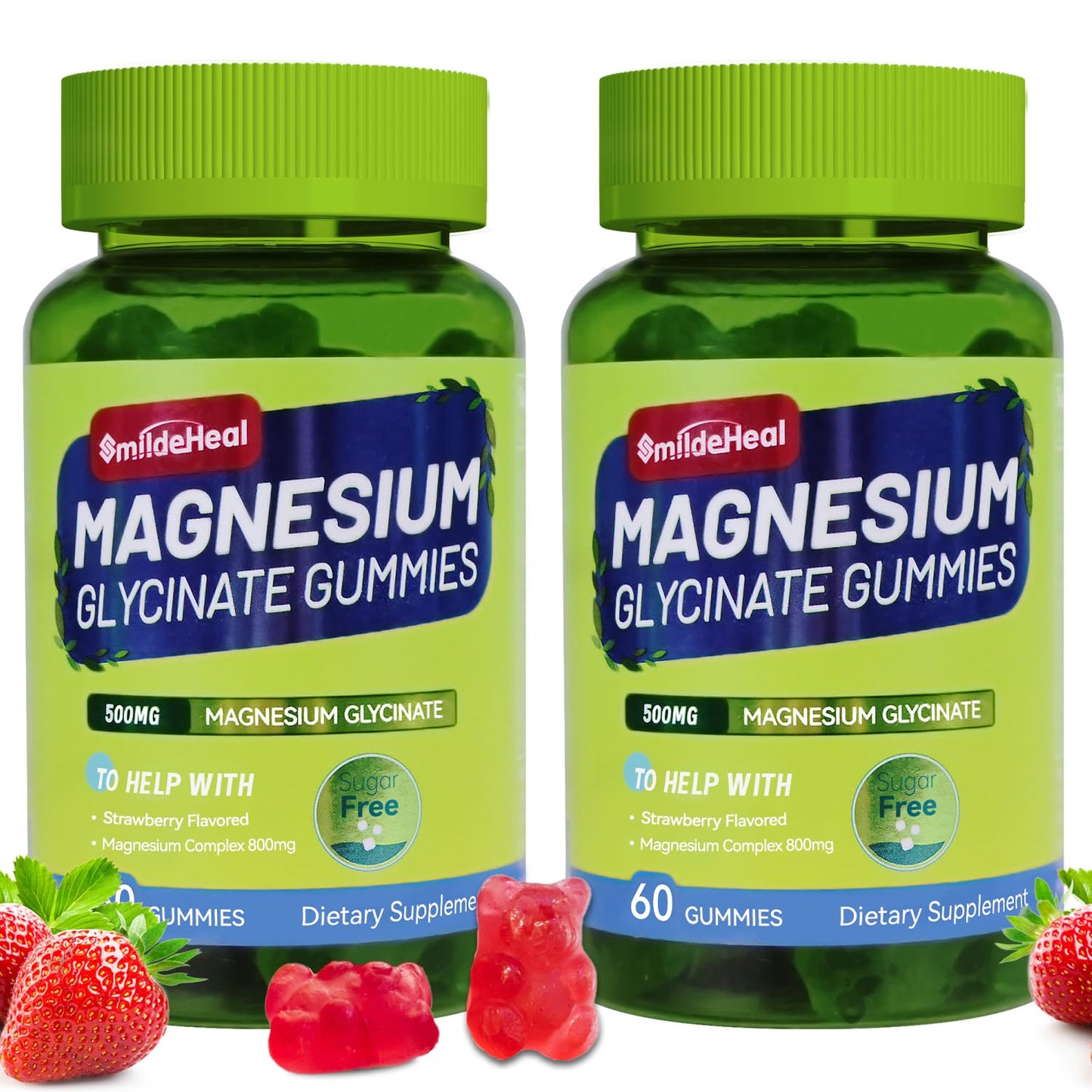 Magnesium Glycinate Gummies 500mg with L-Threonate 300mg - Sugar-Free Magnesium Potassium Supplement with Vitamin D, B6, CoQ10 - Strawberry Flavored - 60 Gummies