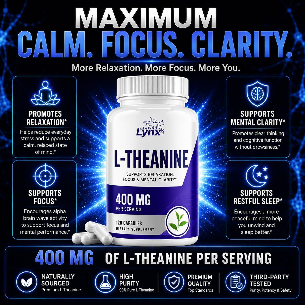 Leaping Lynx L-Theanine 400 mg per Serving (200 mg per Capsule), 120 Capsules | Supports Relaxation, Stress Relief, Calm Focus & Sleep | Non-GMO Supplement