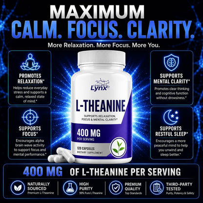 Leaping Lynx L-Theanine 400 mg per Serving (200 mg per Capsule), 120 Capsules | Supports Relaxation, Stress Relief, Calm Focus & Sleep | Non-GMO Supplement