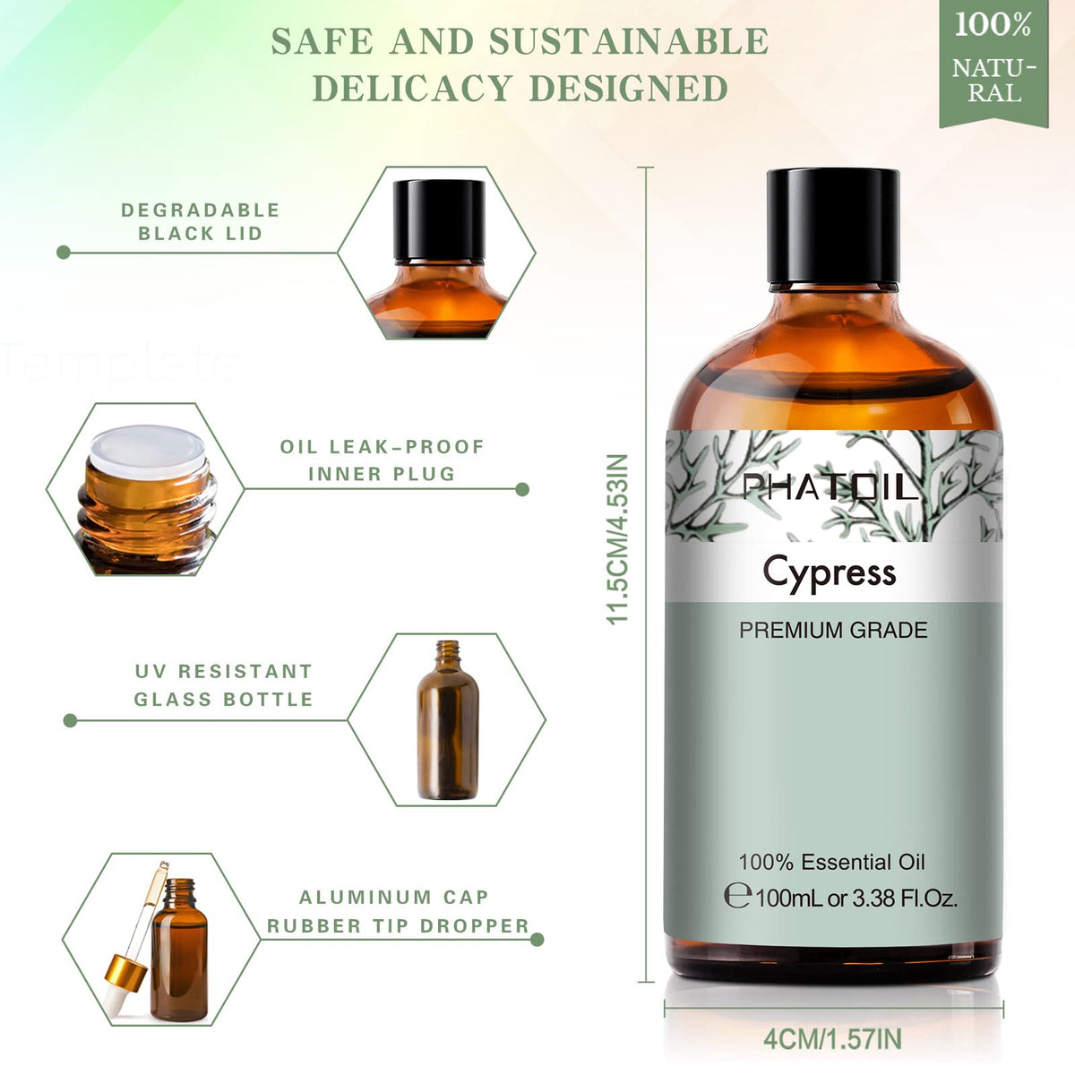 Cypress 3.38fl.oz Essential Oil, PHATOIL Aromatherapy Essential Oils for Diffuser, Humidifier