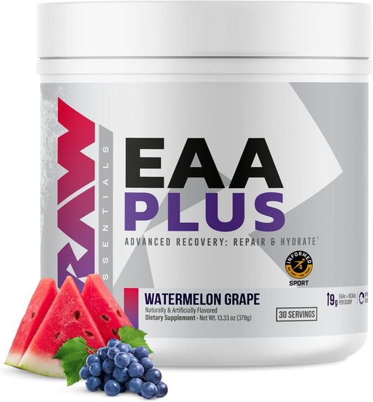 RAW EAA Plus, Amino Acids Powder, Watermelon Grape (30 Servings) - Pre Workout Amino Energy Powder for Advanced Endurance, Recovery & Lean Muscle Growth - BCAA Amino Acids Supplement for Men & Women