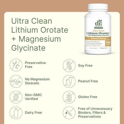 Dr. Murray's Ultra Clean Lithium Orotate with Magnesium Glycinate - 5mg Lithium | Vegan Capsules | Mood & Cognitive Support | Neurological Wellness Formula | 60 Count