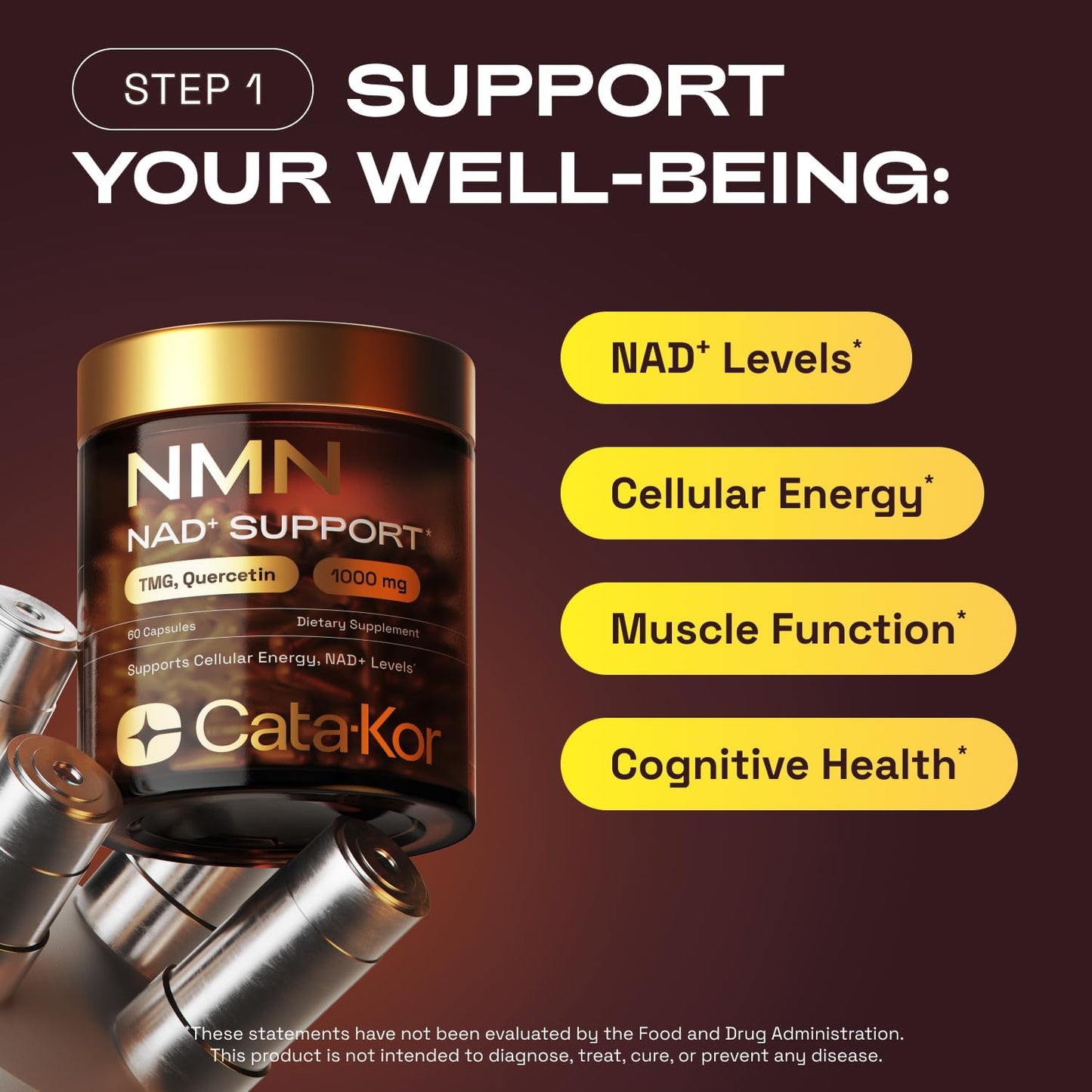 Cata-Kor NMN Supplement 1000mg & Calcium AKG Complex - NAD+ Supporing Supplement with TMG, Quercetin & MSM, Hyaluronic Acid & Biotin Collagen Support Beauty Complex