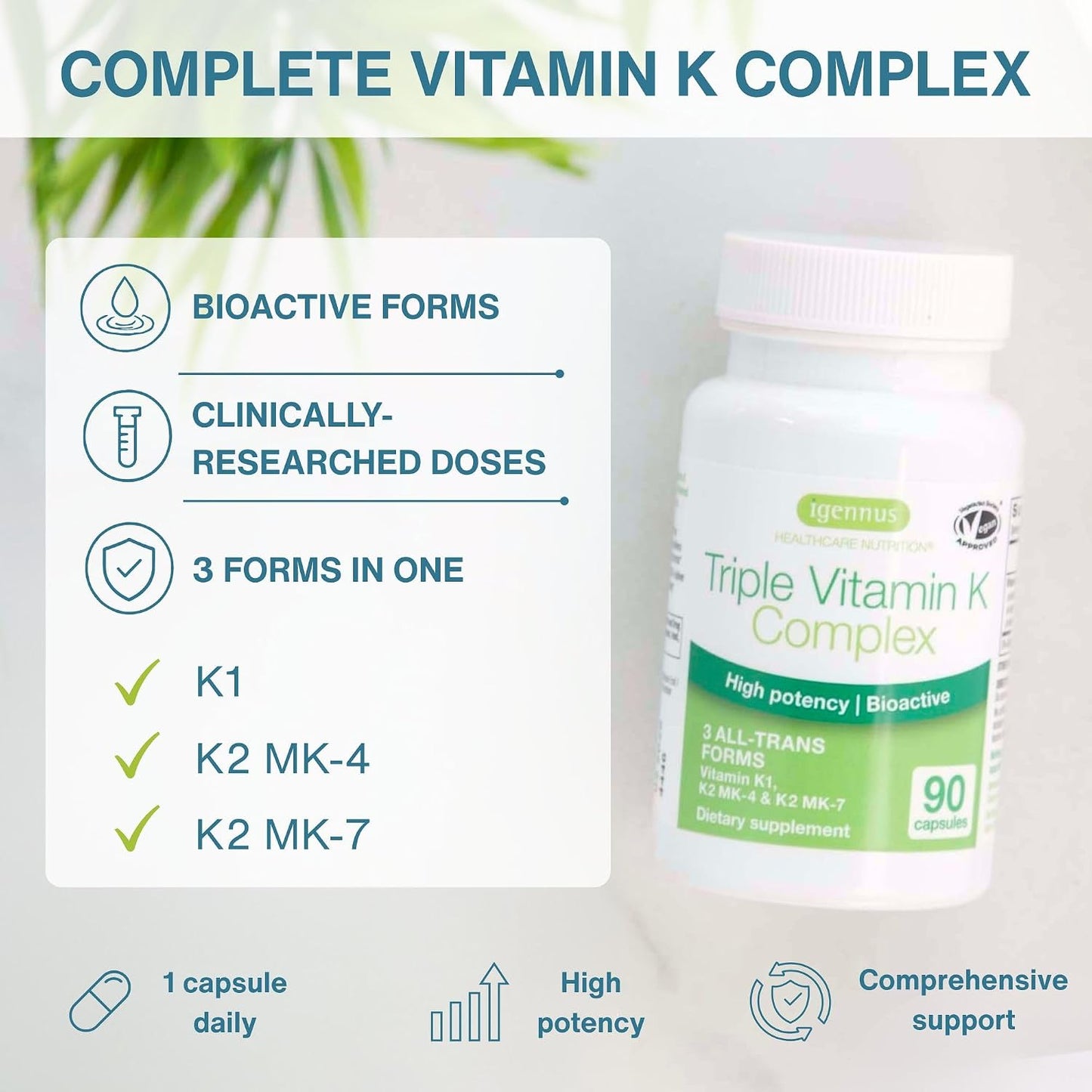Igennus High Potency Vitamin K Complex, K1 & K2 (MK-4 & MK-7), 90 Capsules | All Trans Bioactive Form for Superior Bone & Cardiovascular Support, 1-a-Day, Clean Label, Vegan