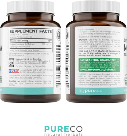 USDA Organic Moringa Capsules - High Potency Organic Moringa 500mg Extract 10:1 Per 1 Capsule Serving - Nutrient Dense Green Superfood Antioxidant - Vegan & Non-GMO Moringa (2 Month Supply)