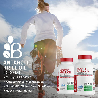 Bronson Antarctic Krill Oil 2000 mg with Omega-3s, 120 Softgels | Heavy Metal Tested, with EPA, DHA, Astaxanthin and Phospholipids, Non-GMO, Gluten Free, Soy Free